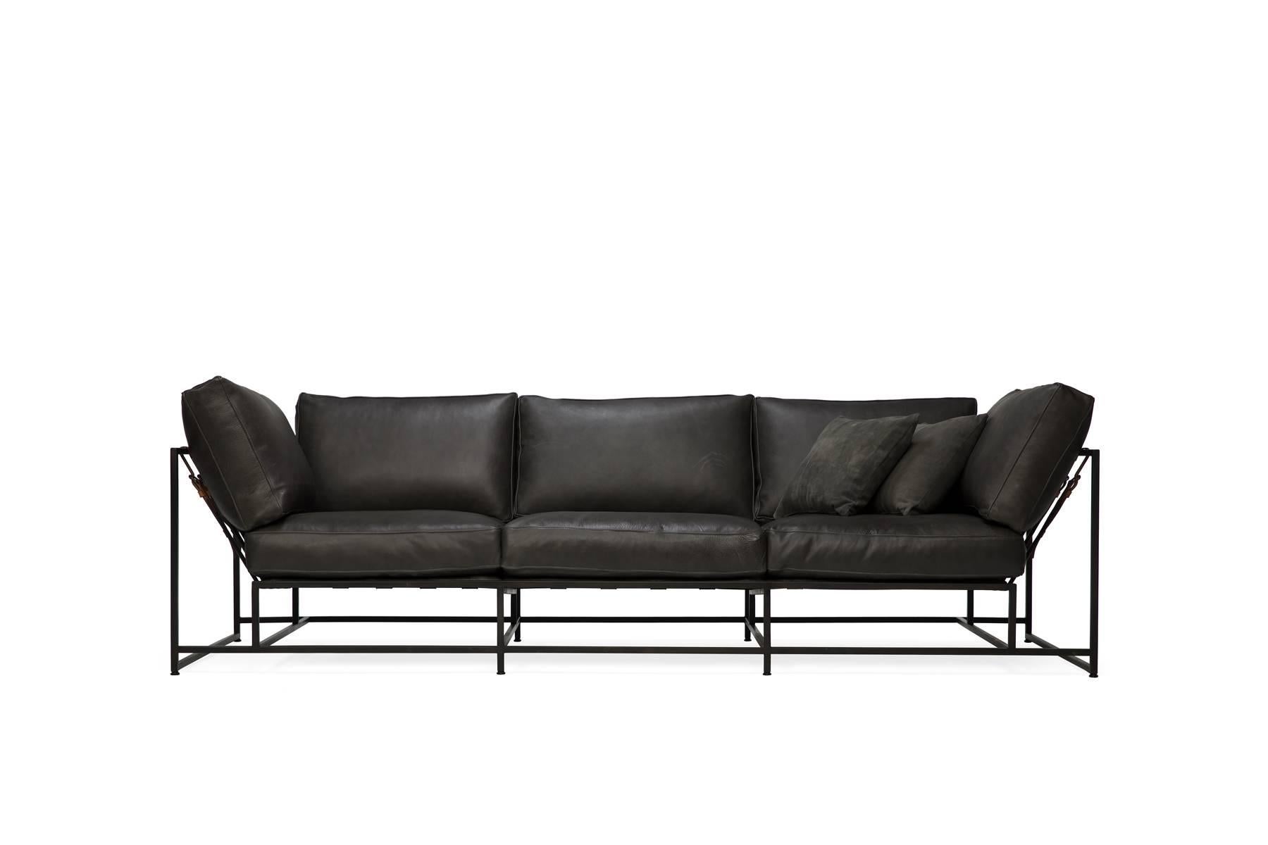 Contemporary Smoke Leather and Blackened Steel Sofa For Sale