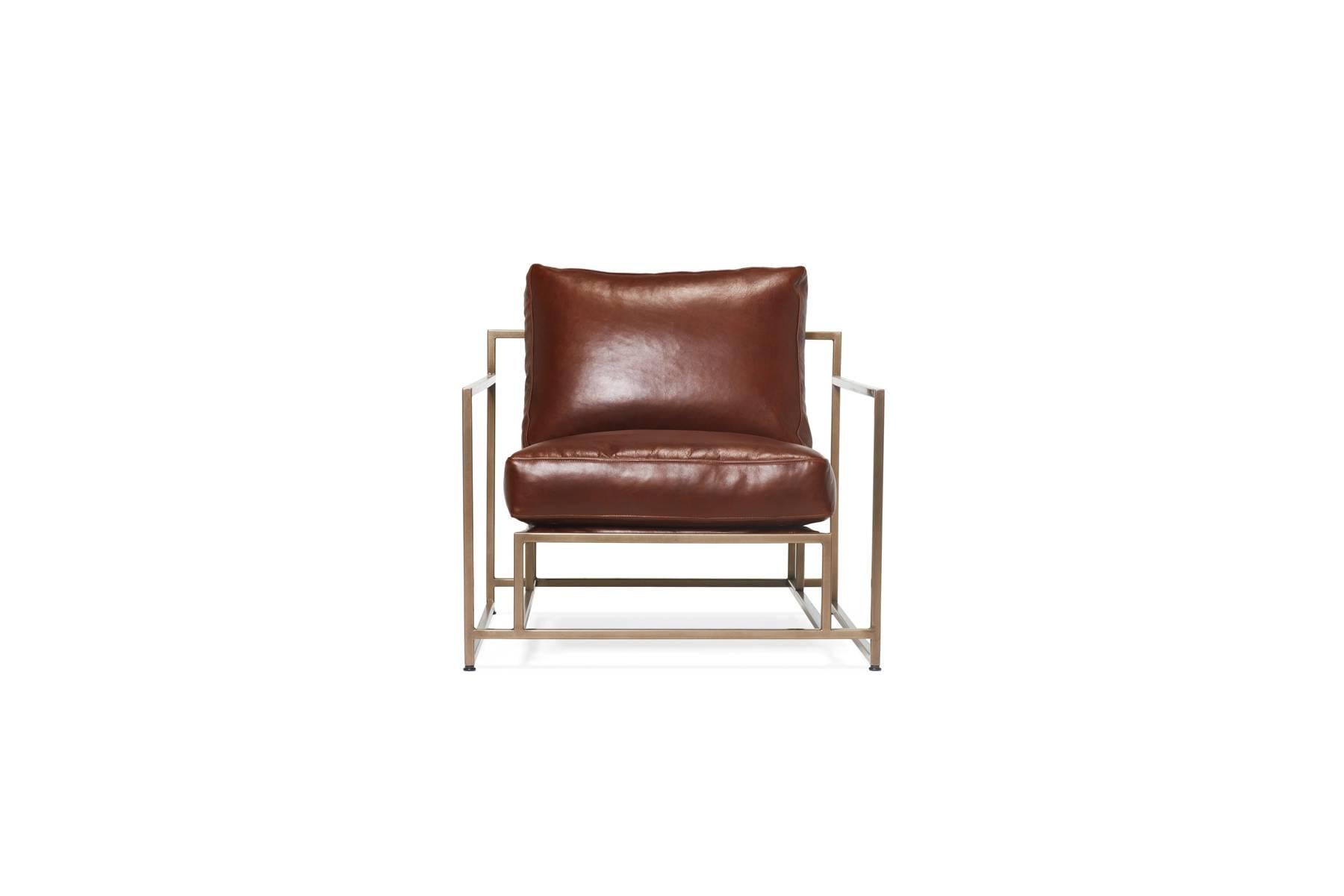 A new chair in our leather series, this version of the Inheritance collection chair has walnut leather upholstery atop an antique brass frame with natural cotton webbing, walnut leather belts and antique brass buckles.

This item is made to order