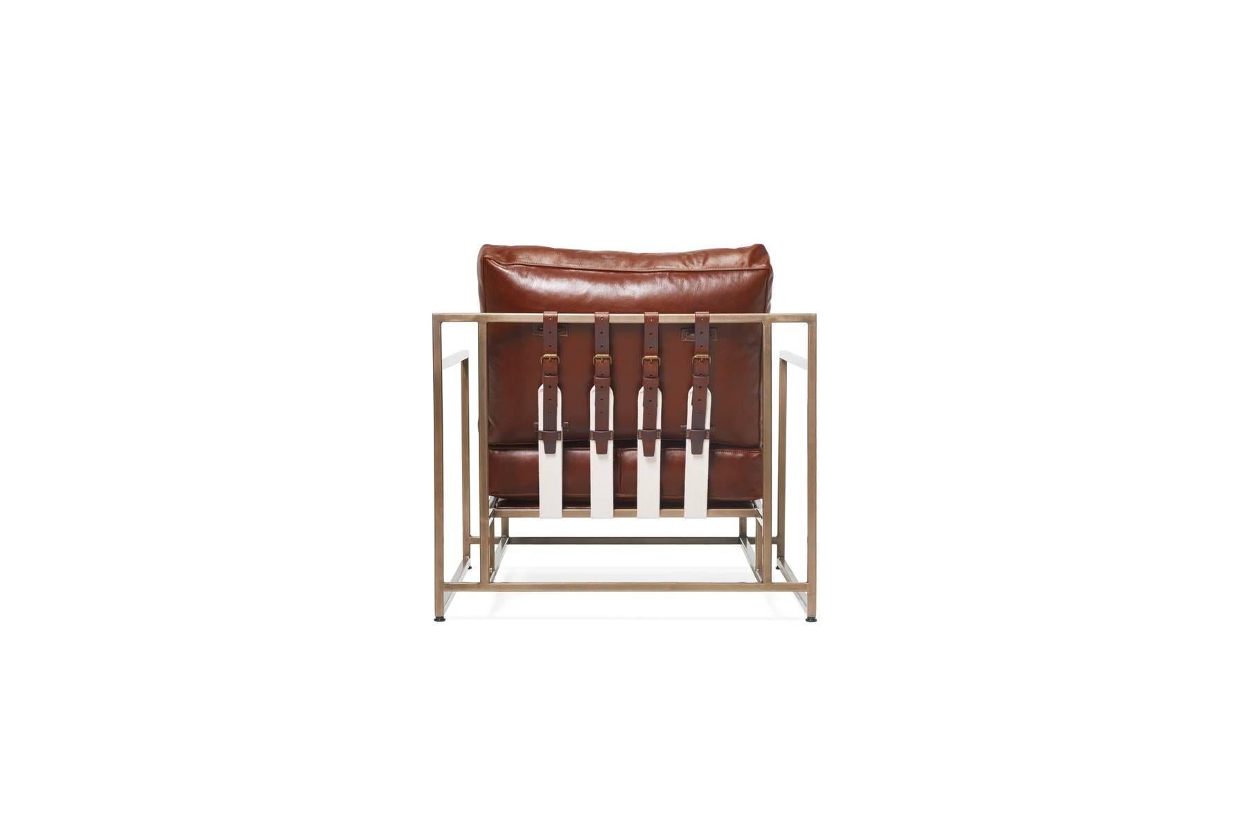 Modern Walnut Leather and Antique Brass Armchair For Sale