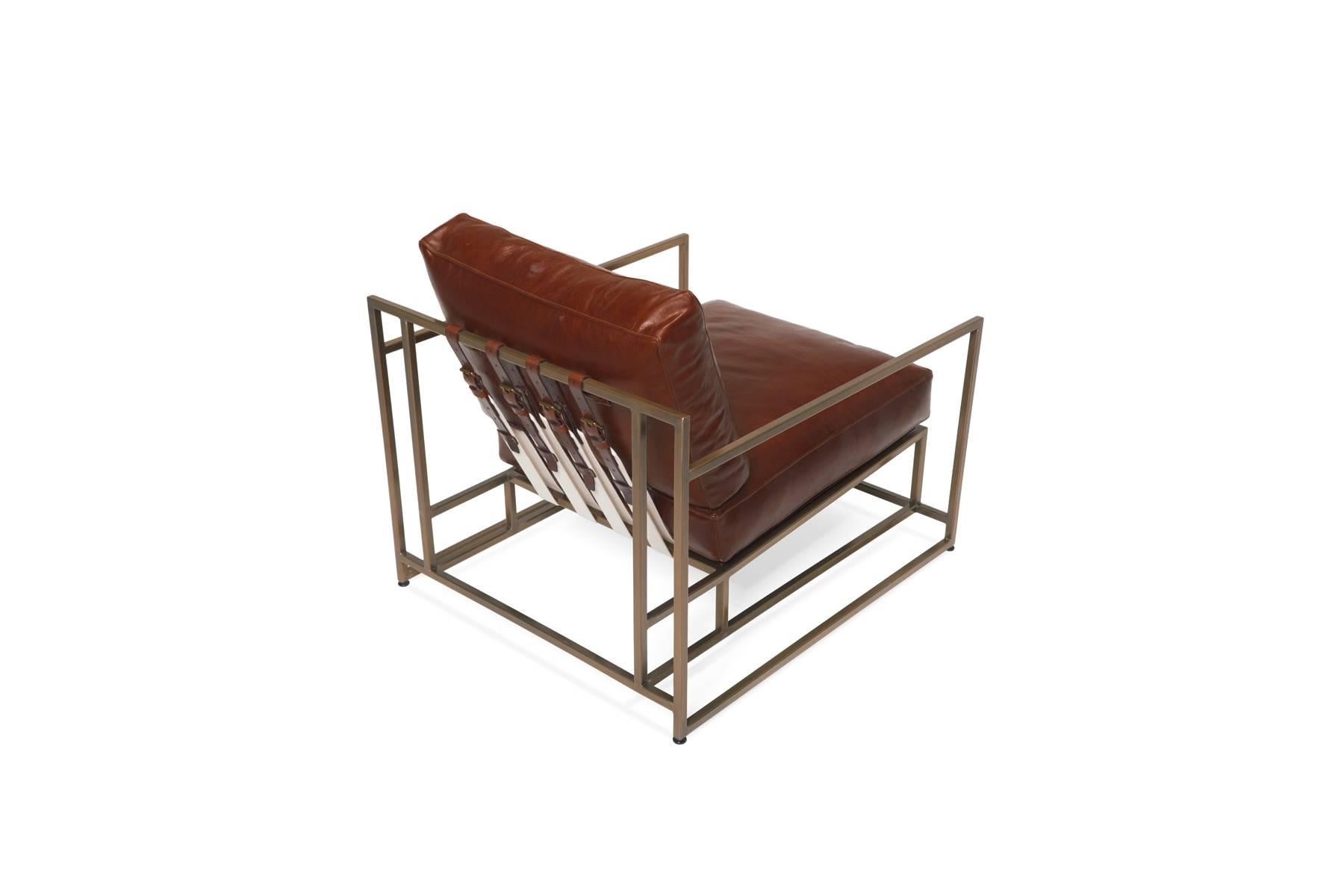 American Walnut Leather and Antique Brass Armchair For Sale