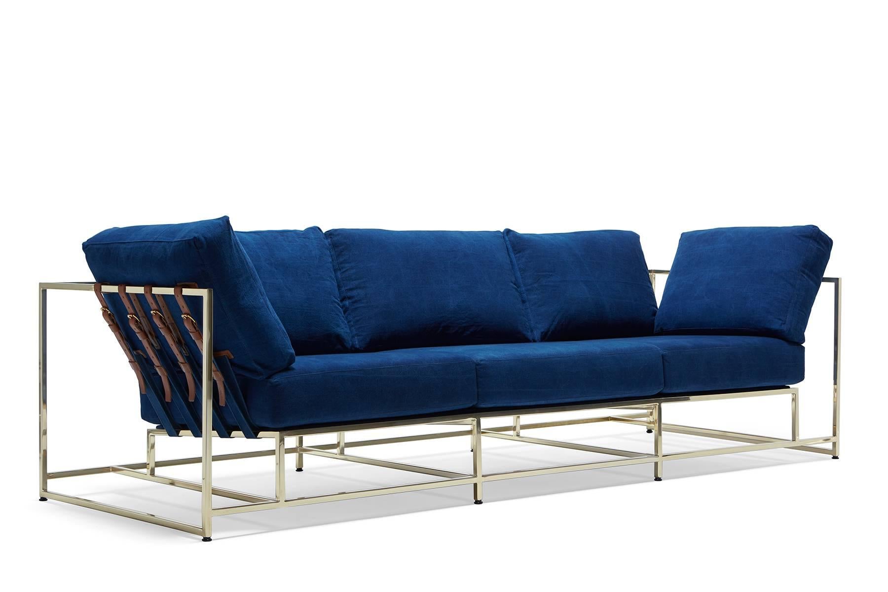 Modern Hand-Dyed Indigo Canvas and Polished Brass Sofa For Sale