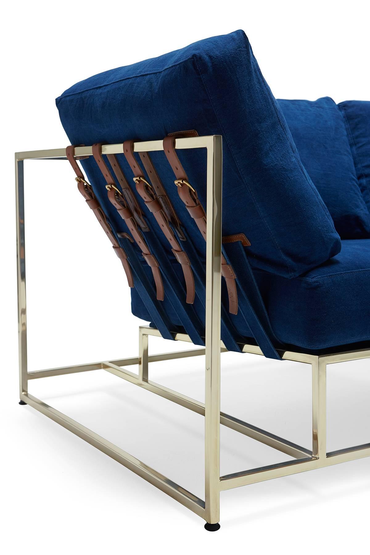 American Hand-Dyed Indigo Canvas and Polished Brass Sofa For Sale