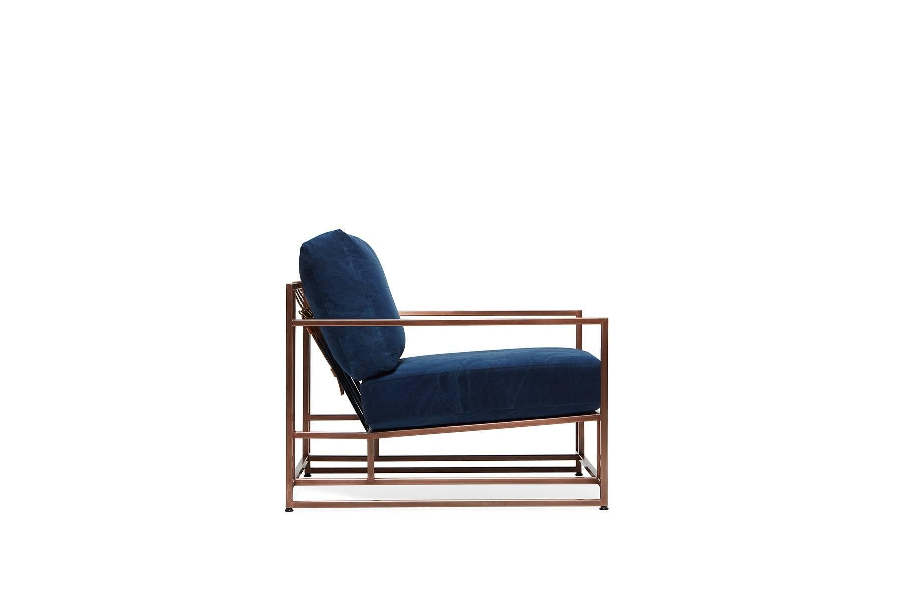 Modern Hand-Dyed Indigo Canvas and Antique Copper Armchair For Sale