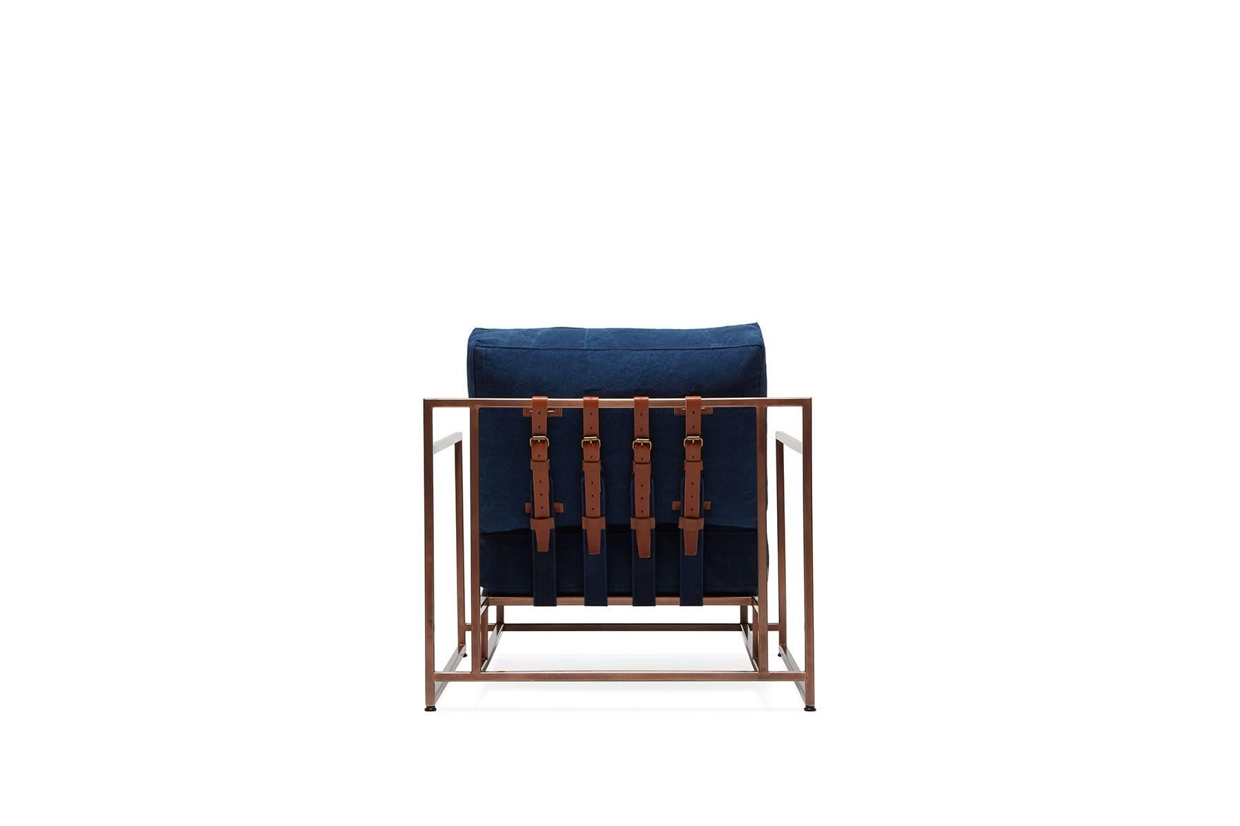 American Hand-Dyed Indigo Canvas and Antique Copper Armchair For Sale