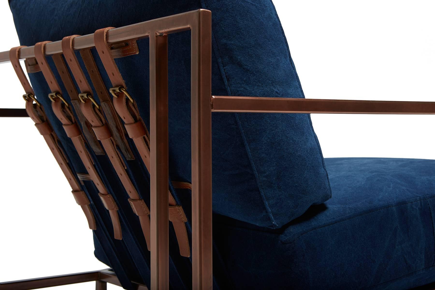 Metalwork Hand-Dyed Indigo Canvas and Antique Copper Armchair For Sale