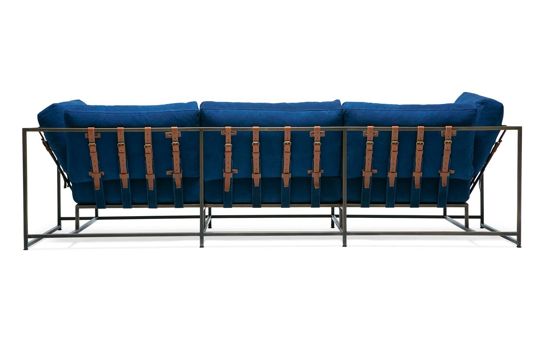 Modern Hand-Dyed Indigo Canvas and Antique Copper Sofa For Sale