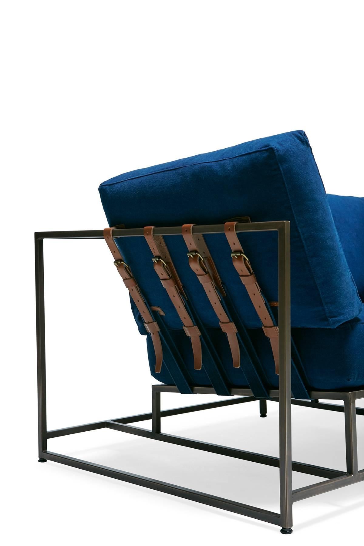 Handgefärbtes Sofa aus indigoblauem Segeltuch und antikem Kupfer (amerikanisch) im Angebot