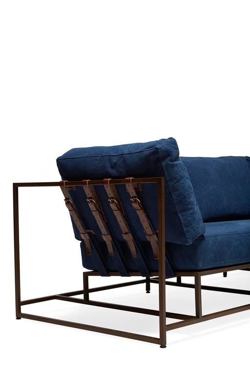 American Hand-Dyed Indigo Canvas and Marbled Rust Three Piece Sofa For Sale