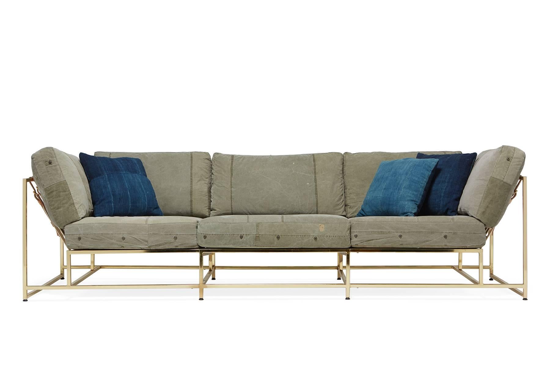 Contemporary Vintage Military Canvas and Polished Brass Sofa For Sale