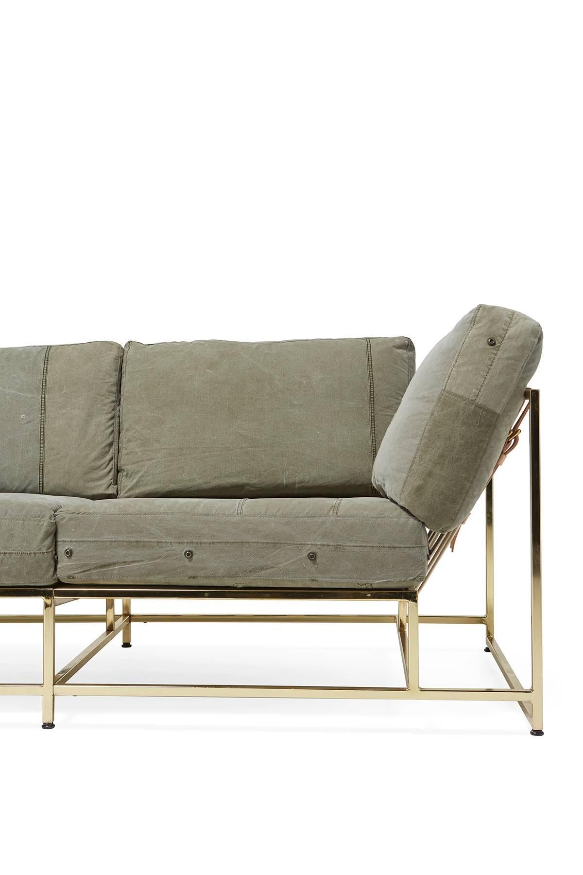 Modern Vintage Military Canvas and Polished Brass Sofa For Sale