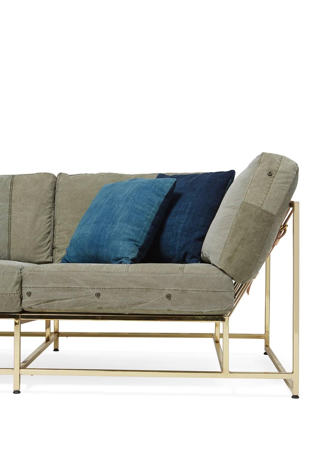 Contemporary Vintage Military Canvas and Polished Brass Sofa For Sale