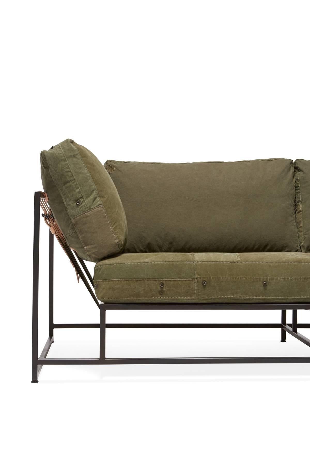 Modern Vintage Military Canvas and Blackened Steel Two Seat Sofa V1 For Sale