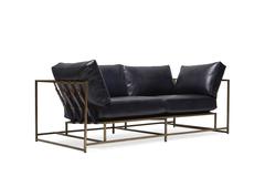Indigo Leather and Antique Brass Two Seat Sofa