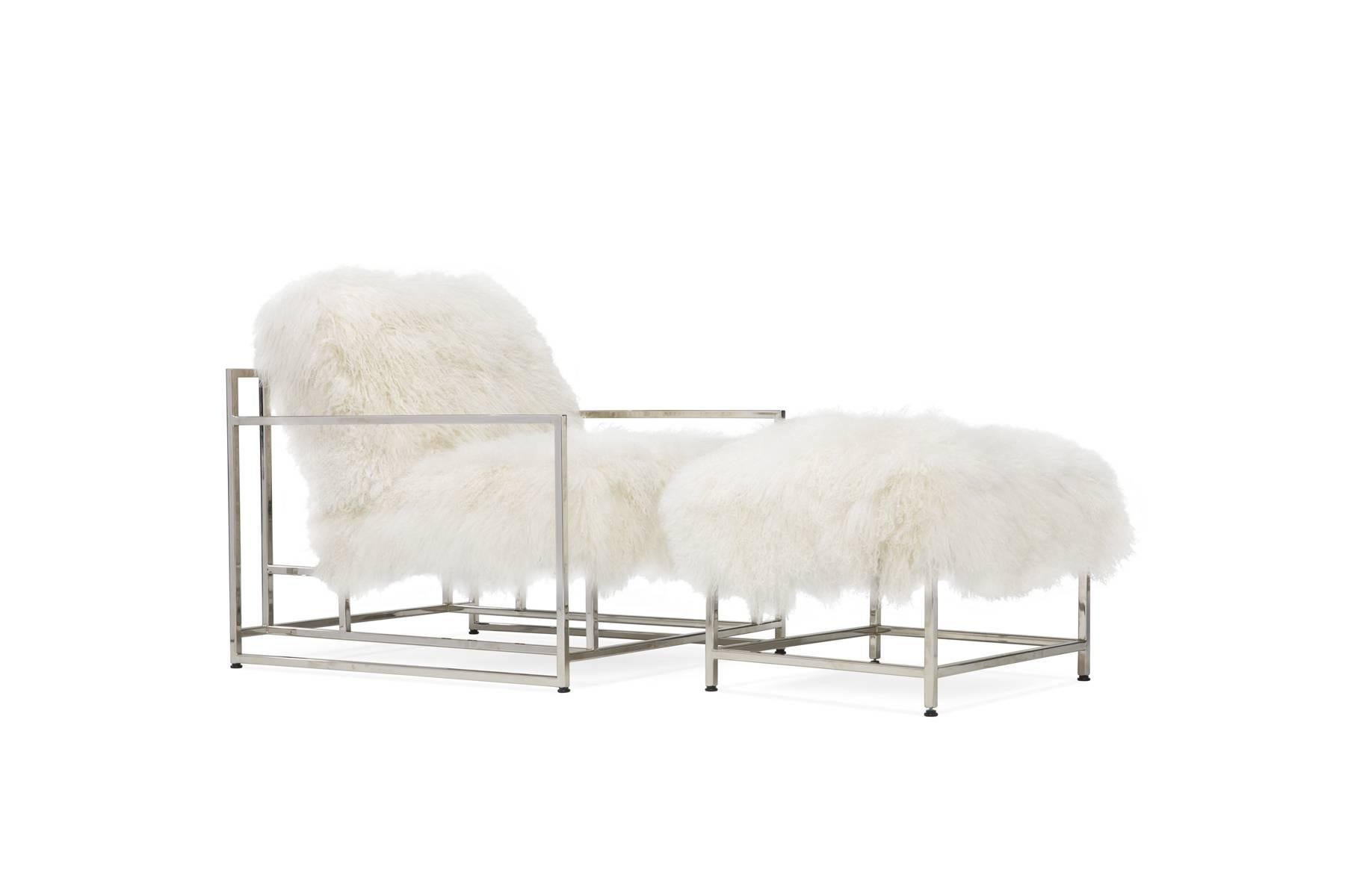 White Mongolian Sheepskin and Polished Nickel Armchair In New Condition For Sale In Los Angeles, CA