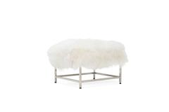White Mongolian Sheepskin and Polished Nickel Ottoman