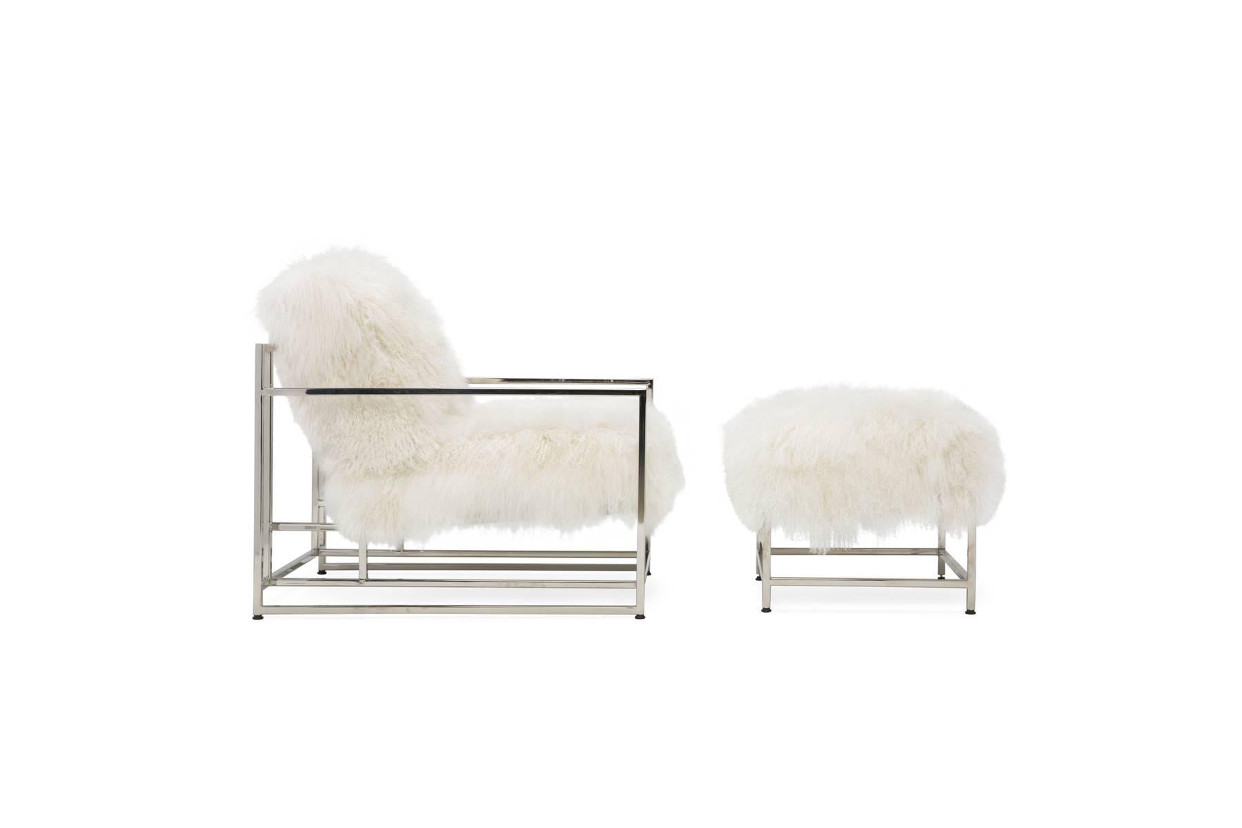 This ultra luxurious version of The Inheritance collection armchair and ottoman has super soft white Mongolian sheepskin upholstery, black webbing and leather belts, and a polished nickel frame finish.
Measures: 
Armchair dimensions 31.5 x 36 x 30