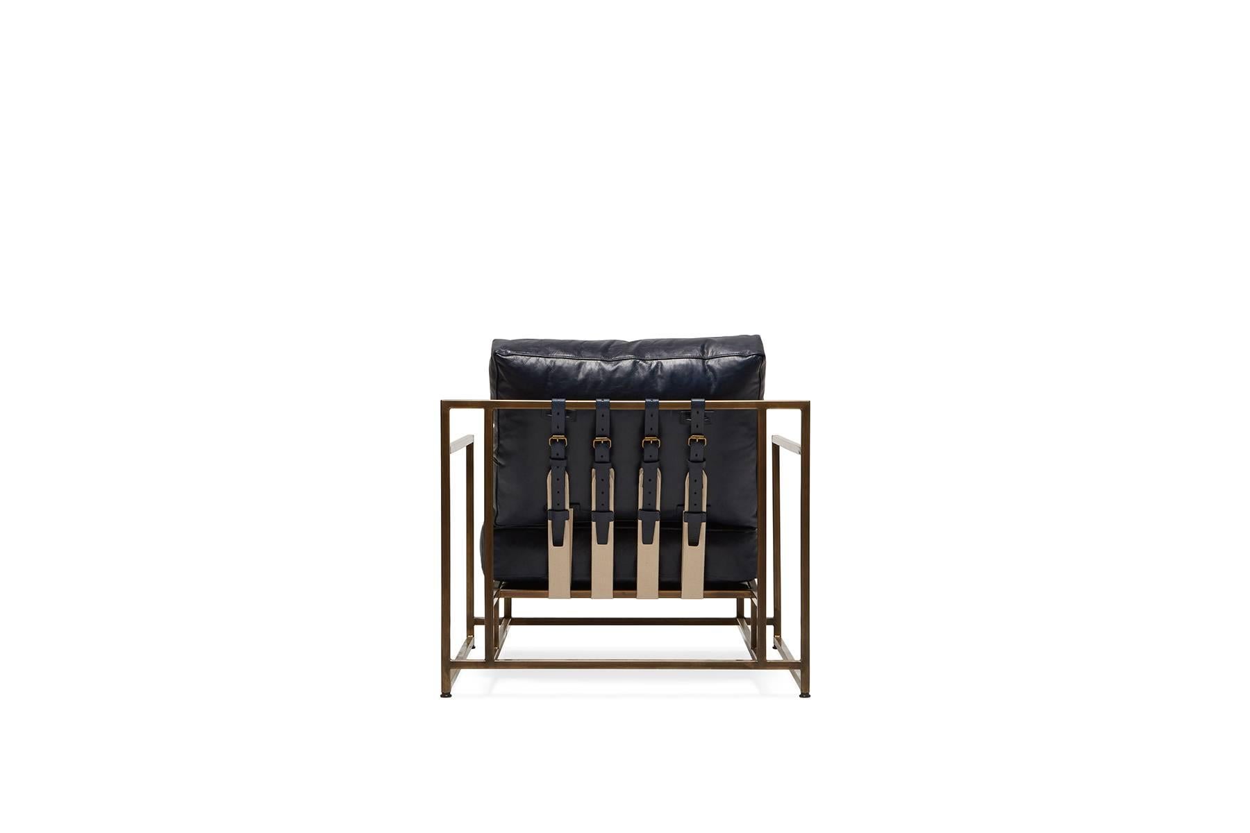 Modern Indigo Leather and Antique Brass Armchair For Sale