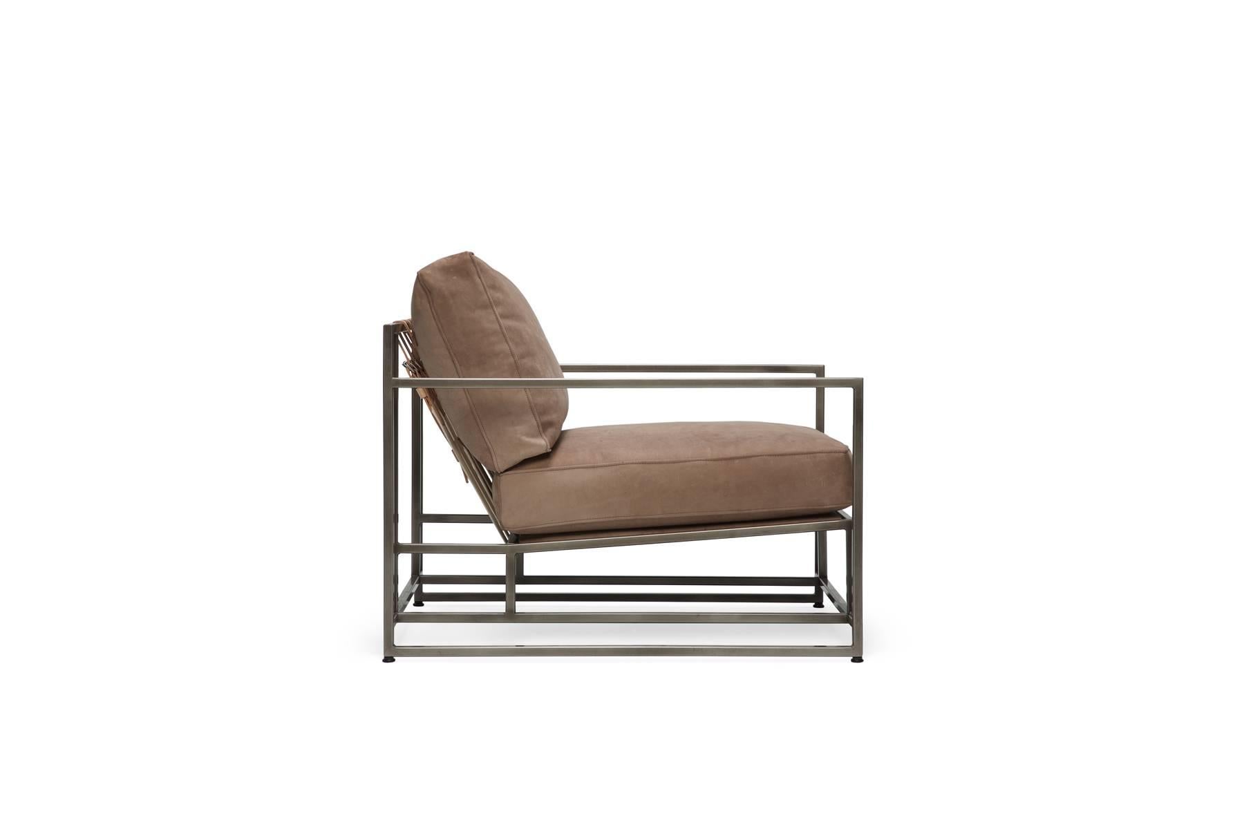 Modern Mauve Nubuck Leather and Antique Nickel Armchair For Sale