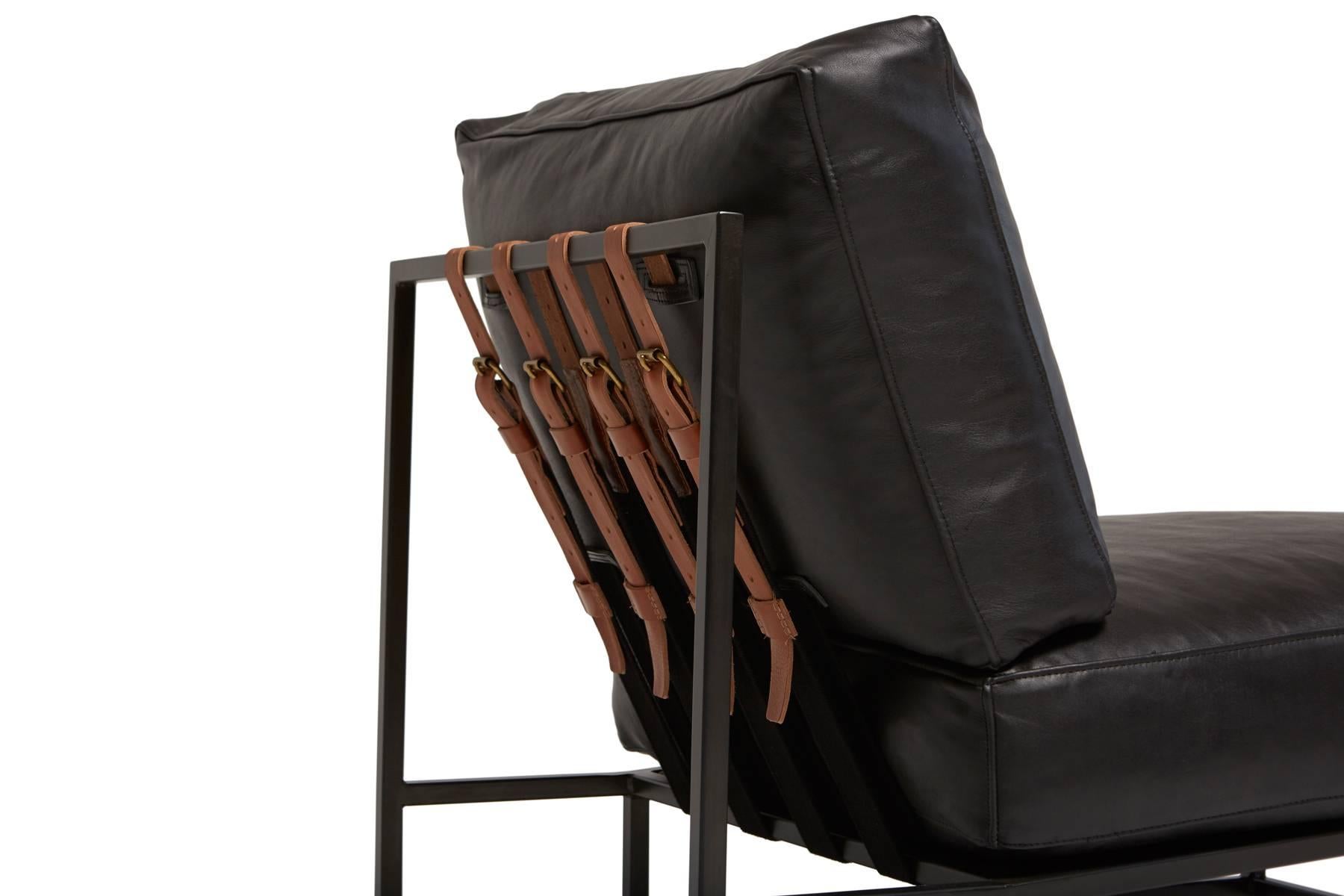 Modern Obsidian Black Leather and Blackened Steel Chair For Sale