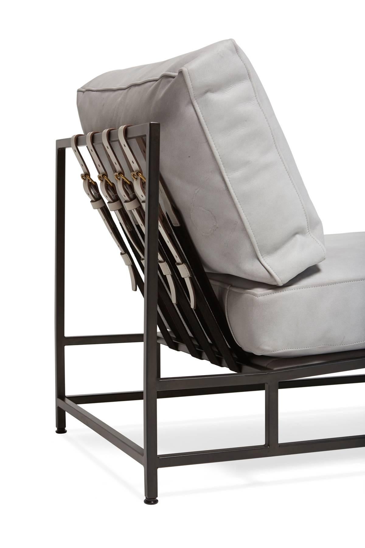 Modern Stone Light Grey Leather and Blackened Steel Chair For Sale