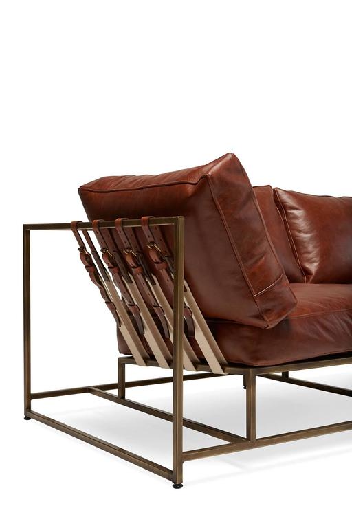 Walnut Brown Leather and Antique Brass Sofa For Sale at 1stDibs