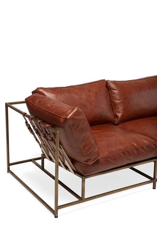 Walnut Brown Leather and Antique Brass Sofa For Sale at 1stDibs
