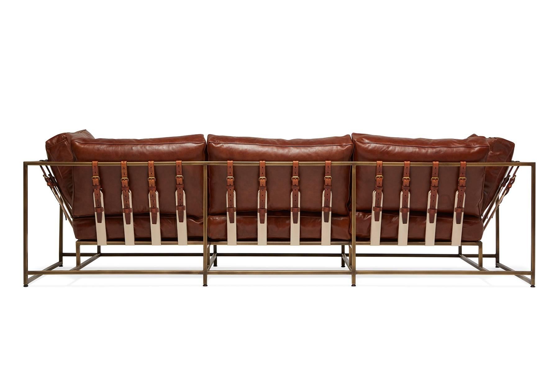 Modern Walnut Brown Leather and Antique Brass Sofa For Sale