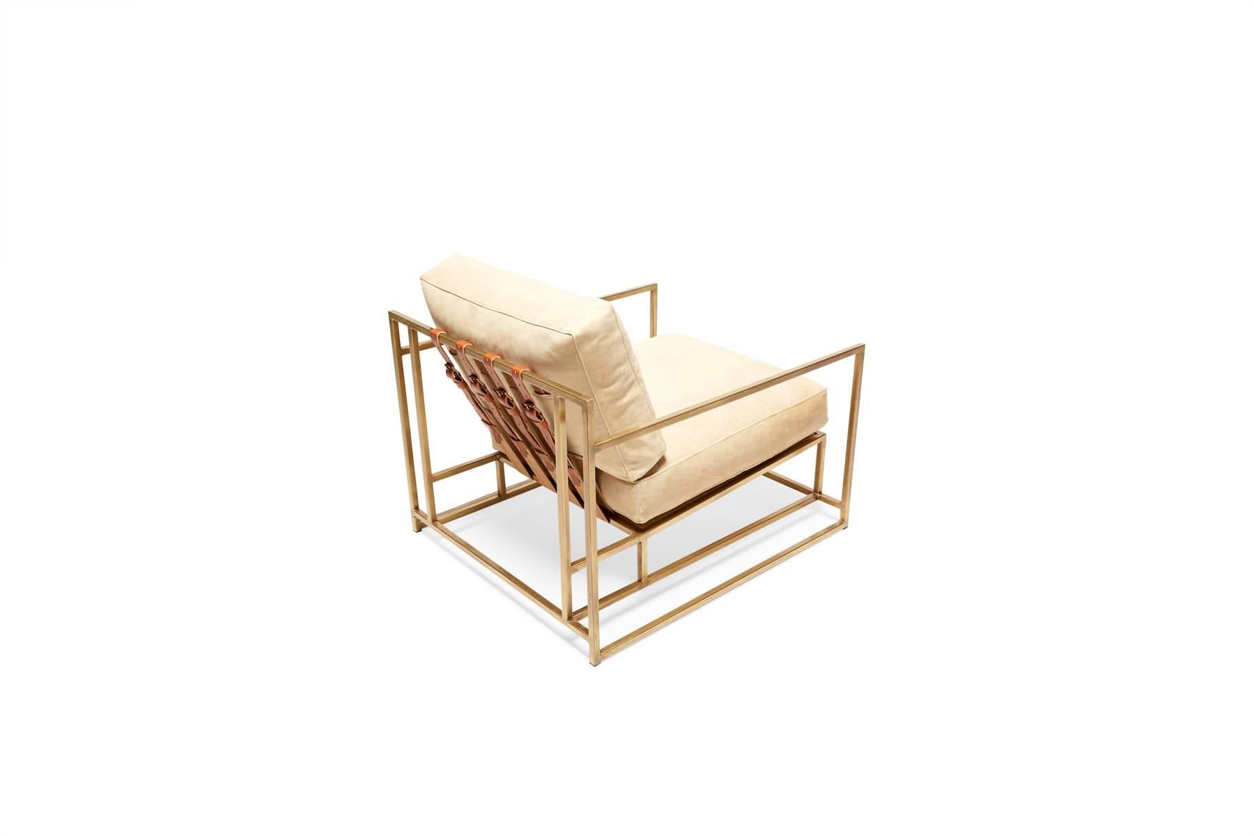 Modern Taupe Nubuck Leather and Antique Brass Armchair For Sale