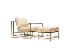 Tan Nubuck Leather and Antique Brass Armchair and Ottoman