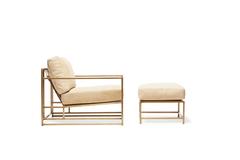 Poltrona e ottomana in pelle nubuck Tan e ottone antico