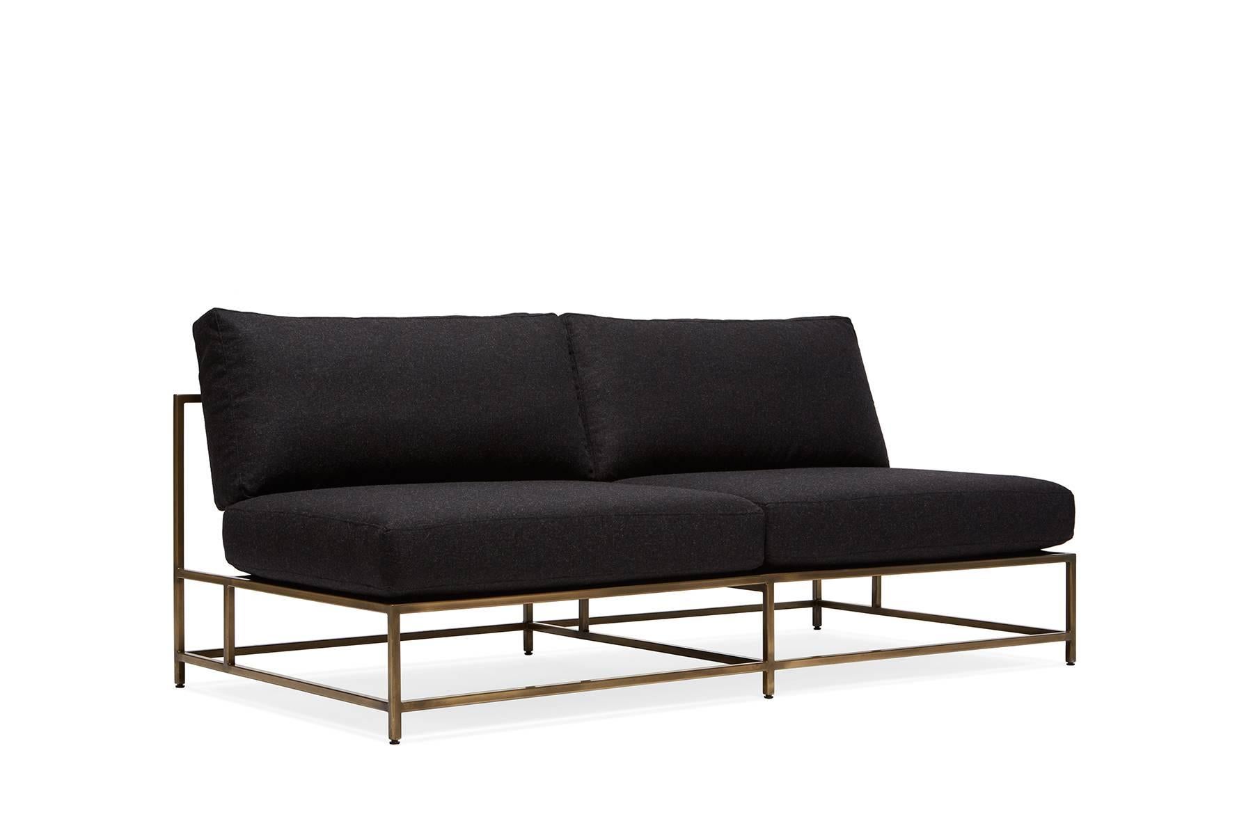 Modern Black Wool and Antique Brass Loveseat For Sale