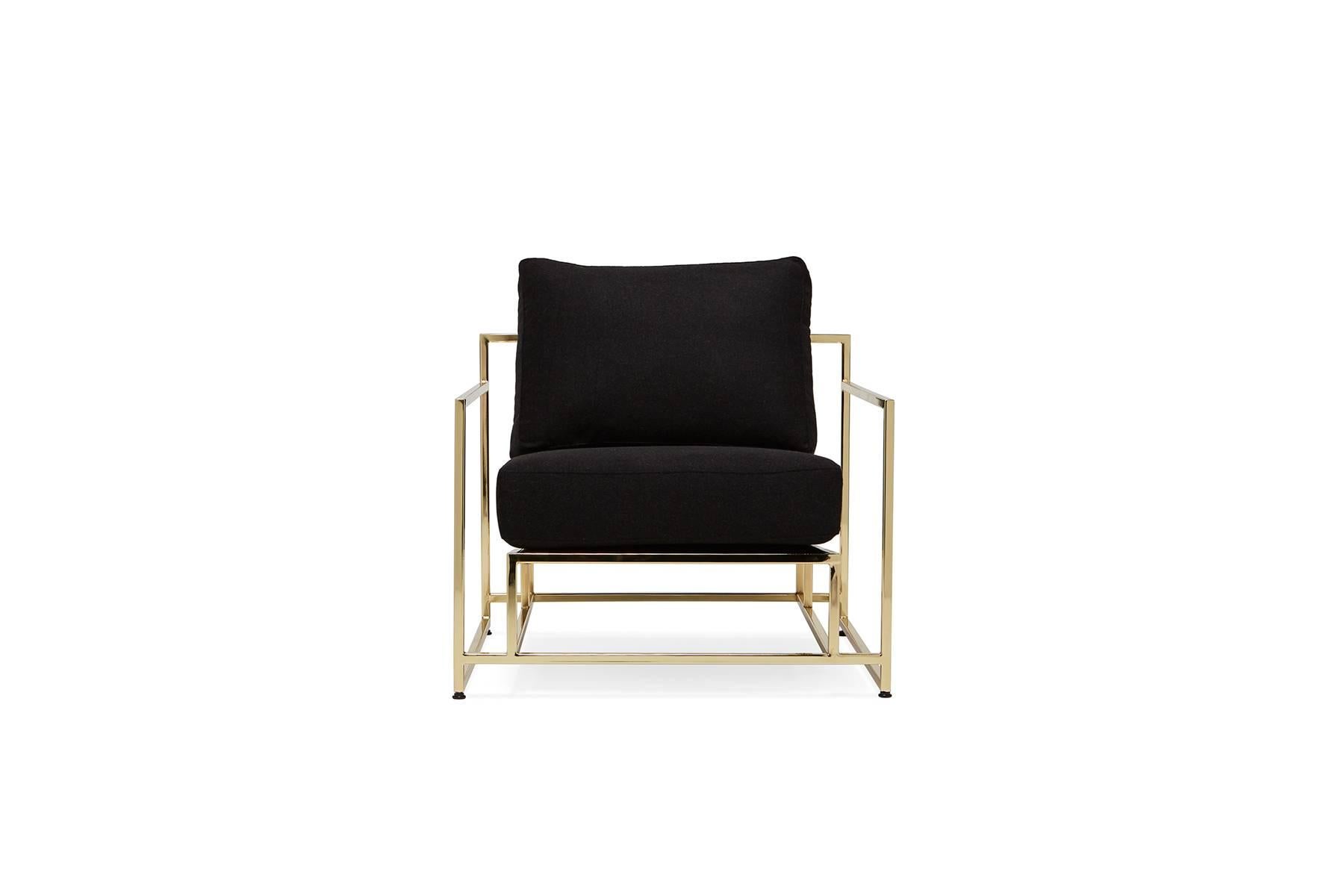 Metalwork Black Wool and Polished Brass Armchair For Sale