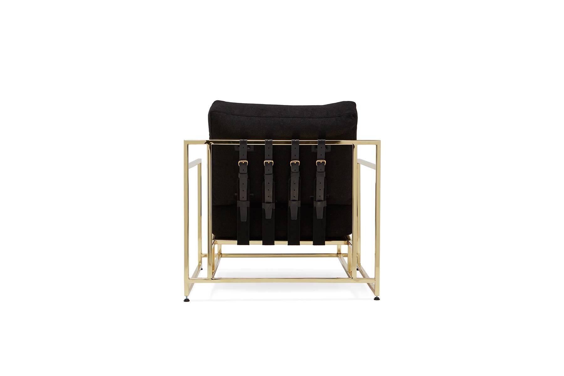 Modern Black Wool and Polished Brass Armchair For Sale