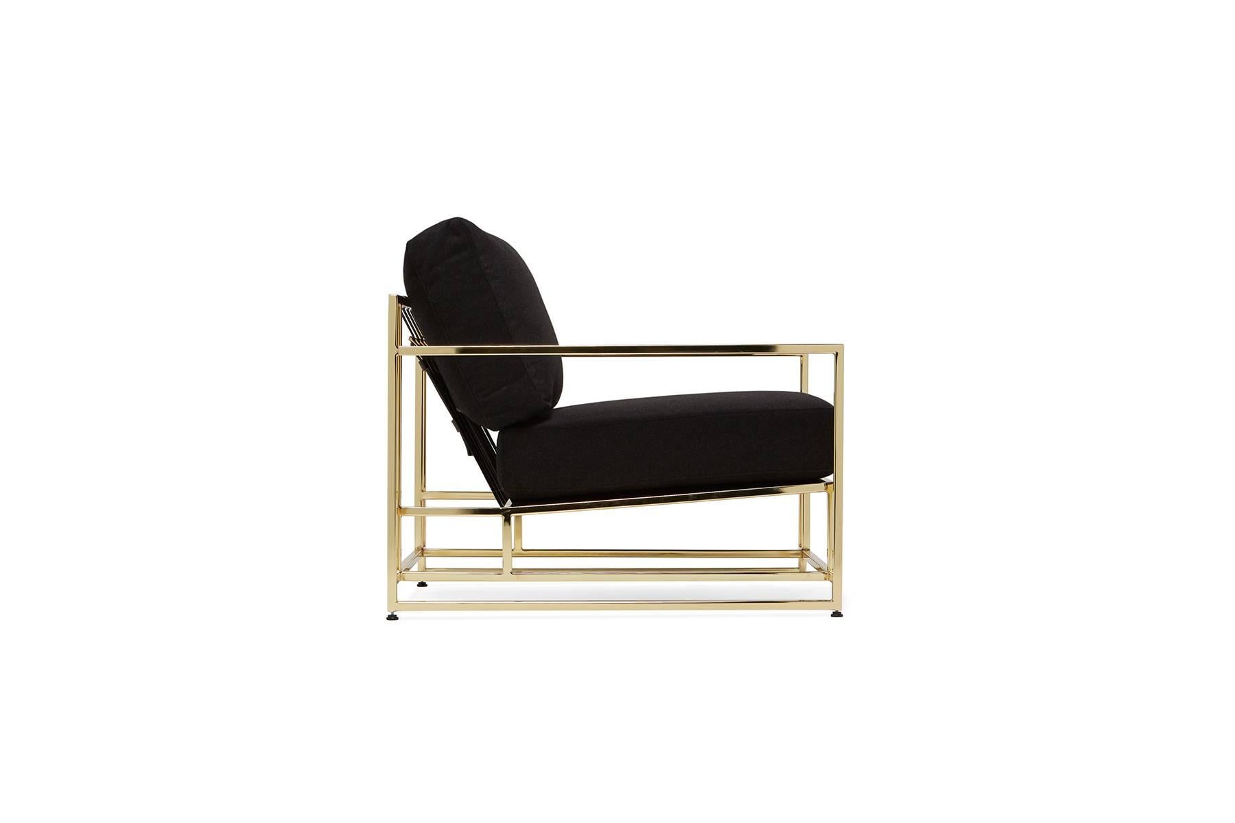 American Black Wool and Polished Brass Armchair For Sale