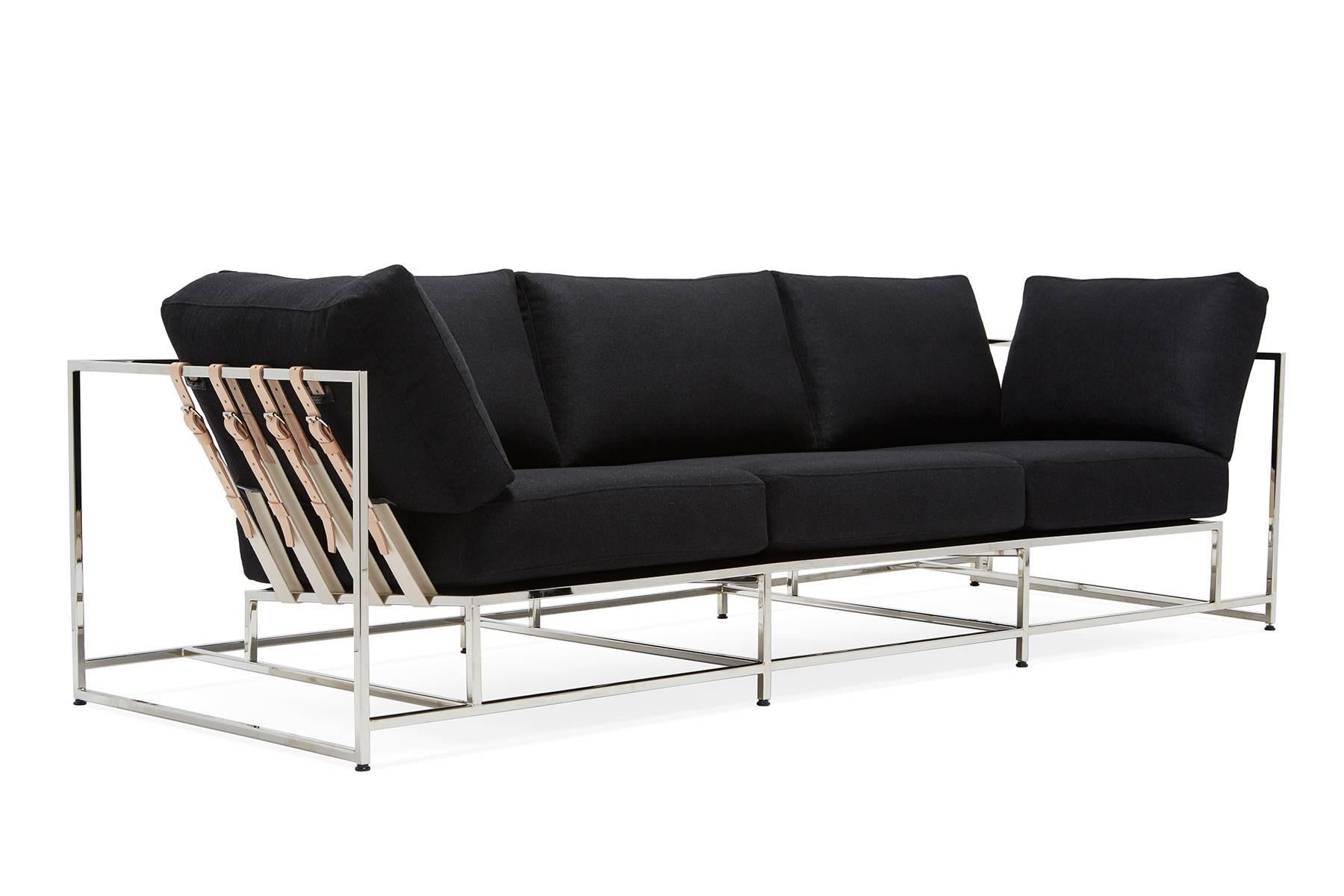 American Black Wool and Polished Nickel Sofa For Sale