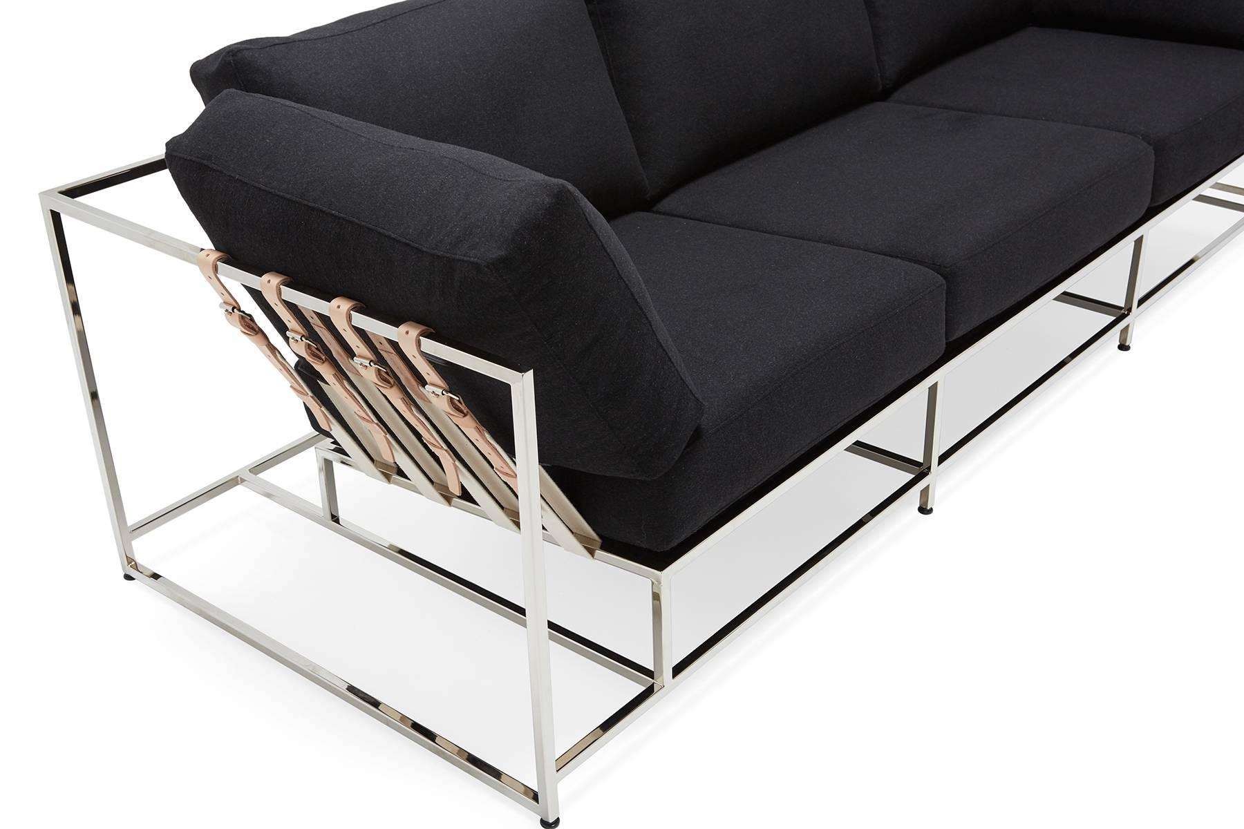 Contemporary Black Wool and Polished Nickel Sofa For Sale