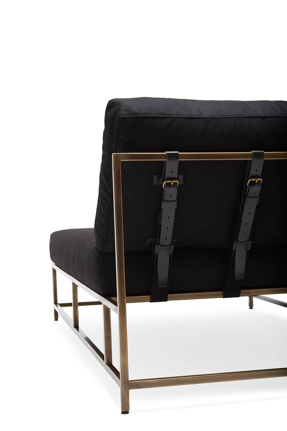 Plated Black Wool and Antique Brass Chaise Lounge For Sale