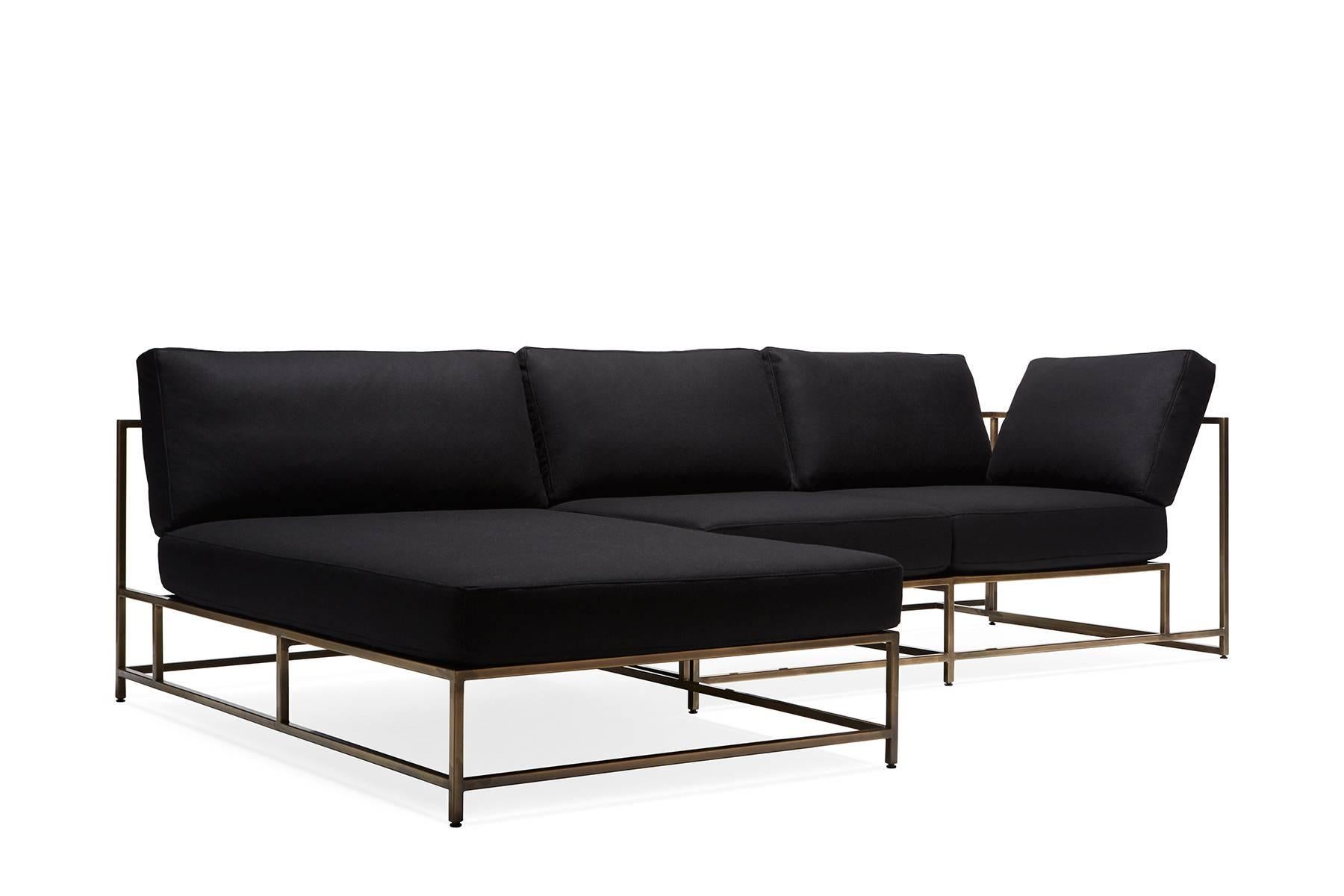 Modern Black Wool & Antique Brass Chaise Sectional For Sale