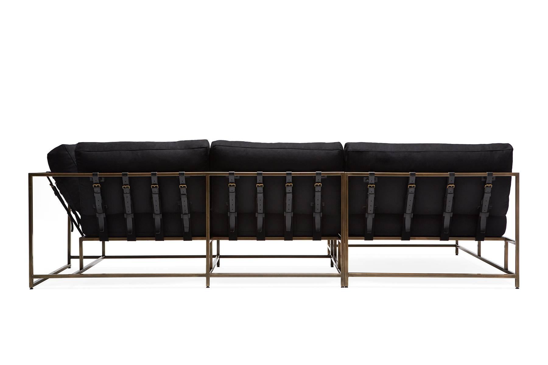 Metalwork Black Wool & Antique Brass Chaise Sectional For Sale