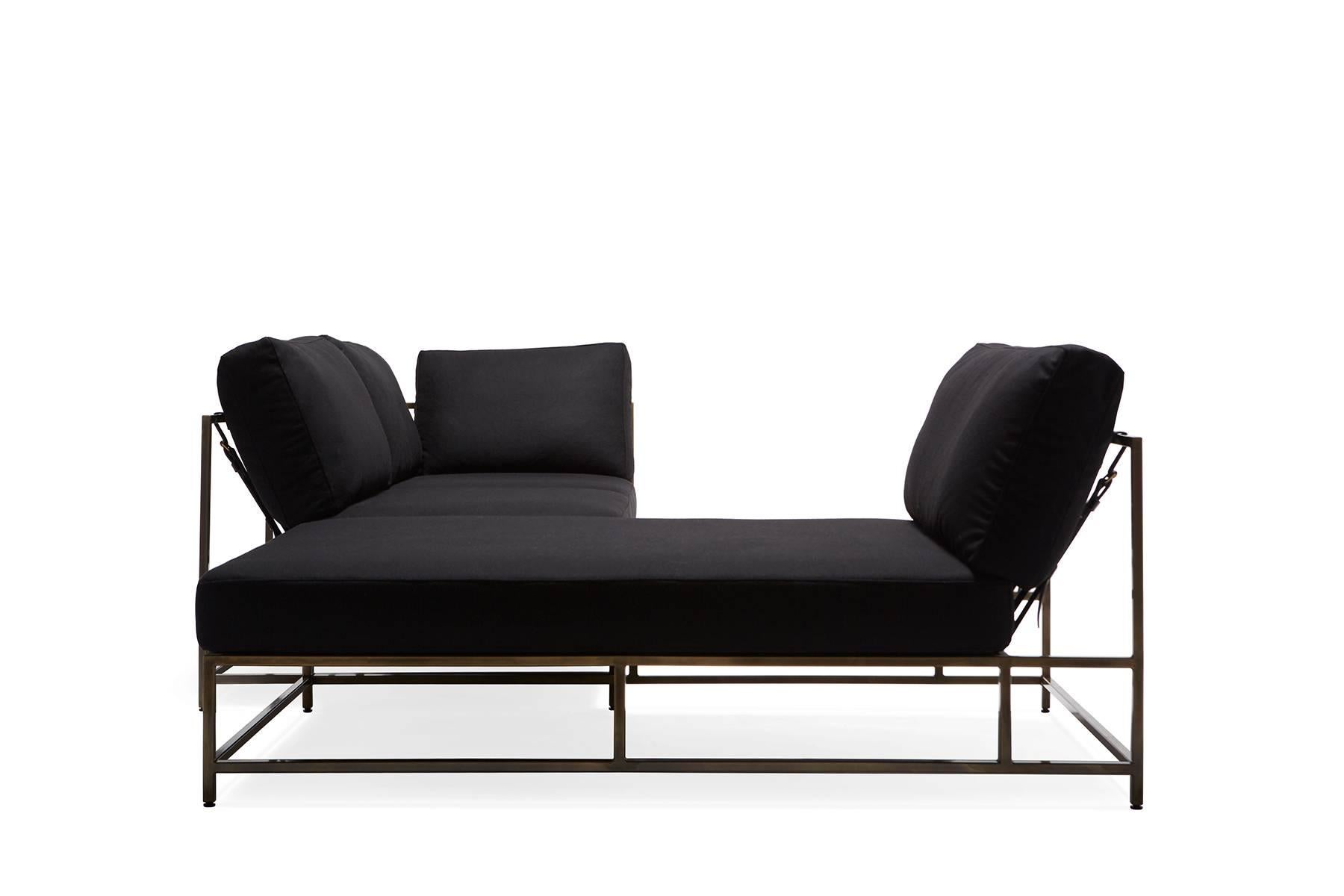 American Black Wool & Antique Brass Chaise Sectional For Sale