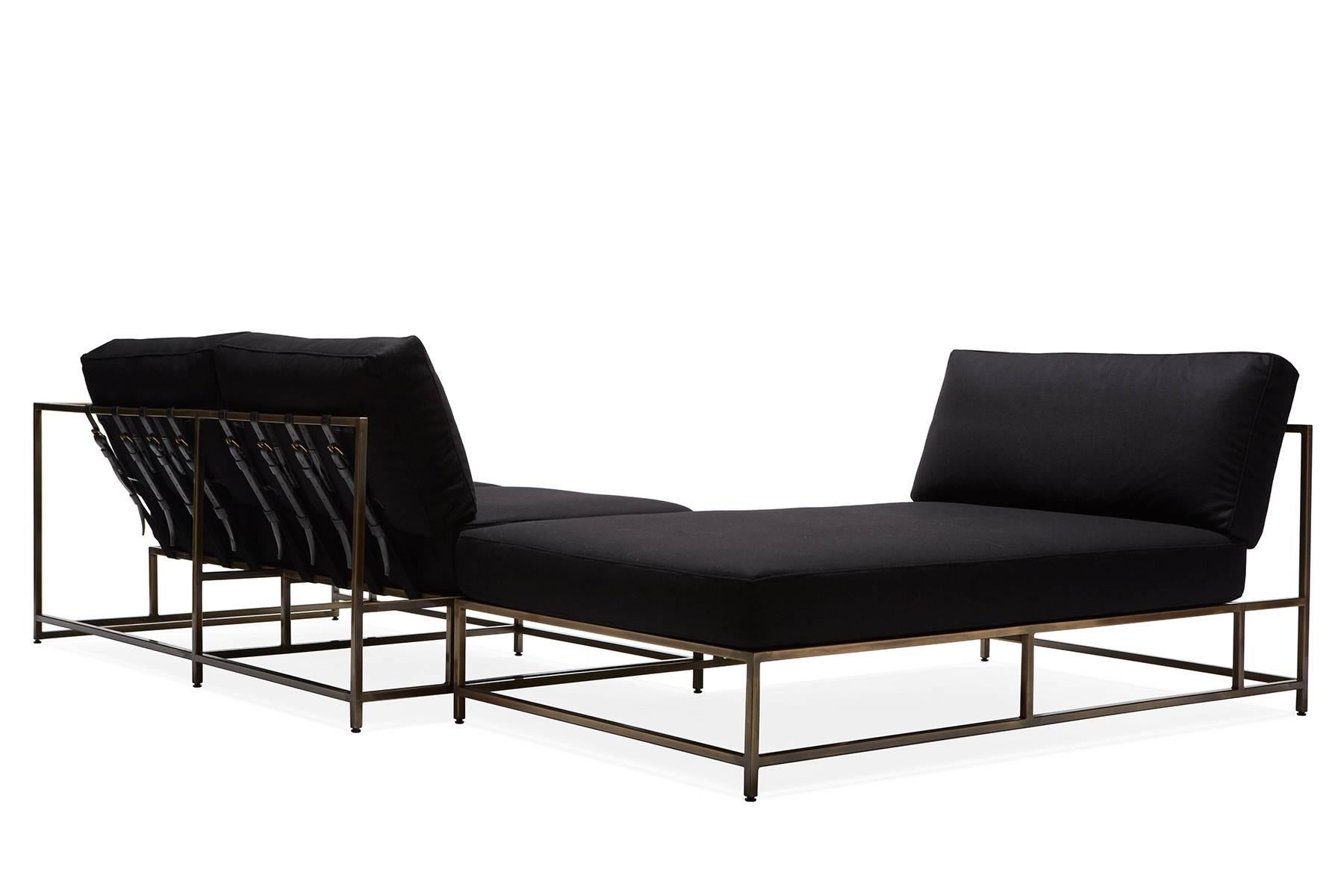 Black Wool & Antique Brass Chaise Sectional In New Condition For Sale In Los Angeles, CA