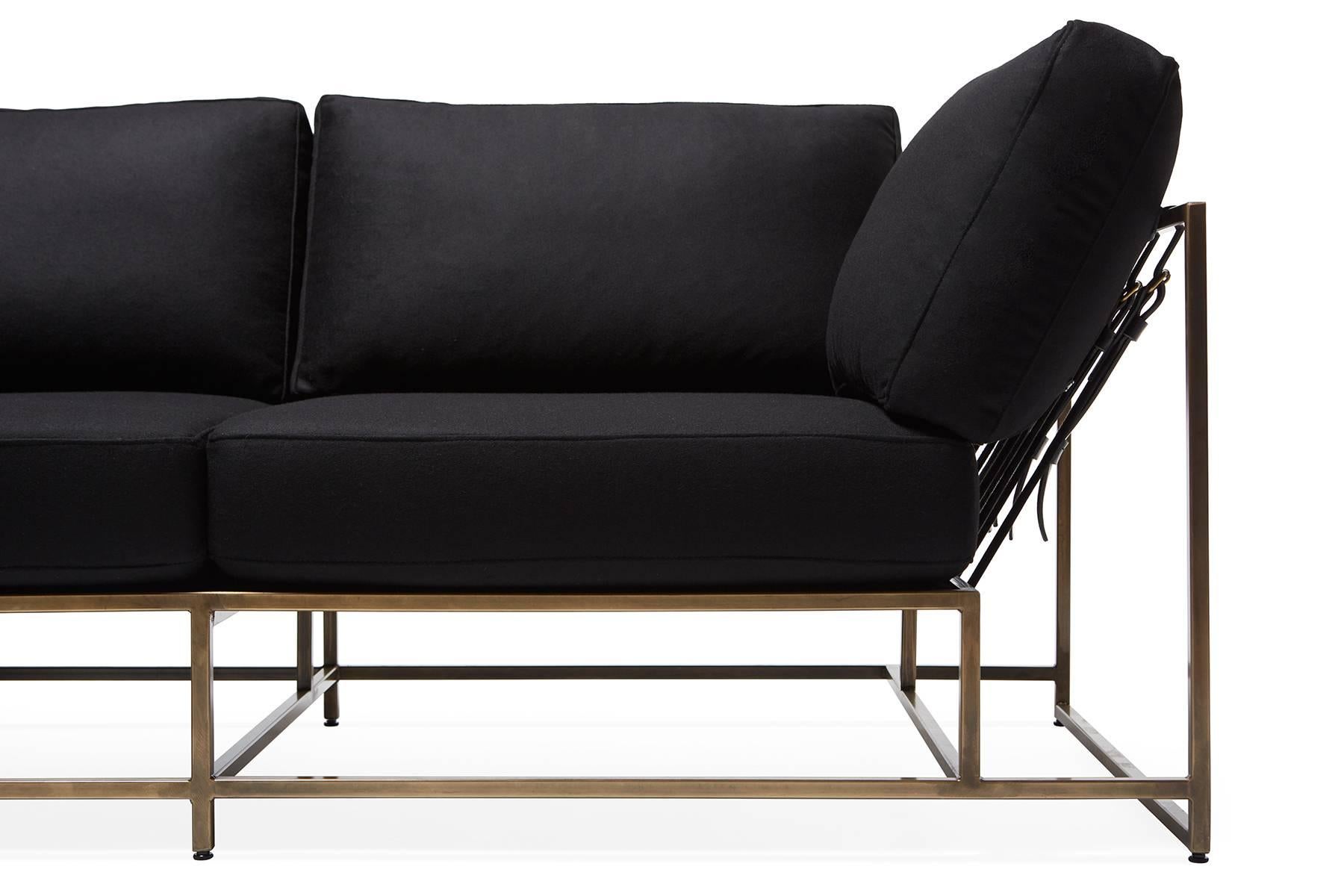 Black Wool & Antique Brass Chaise Sectional For Sale 1