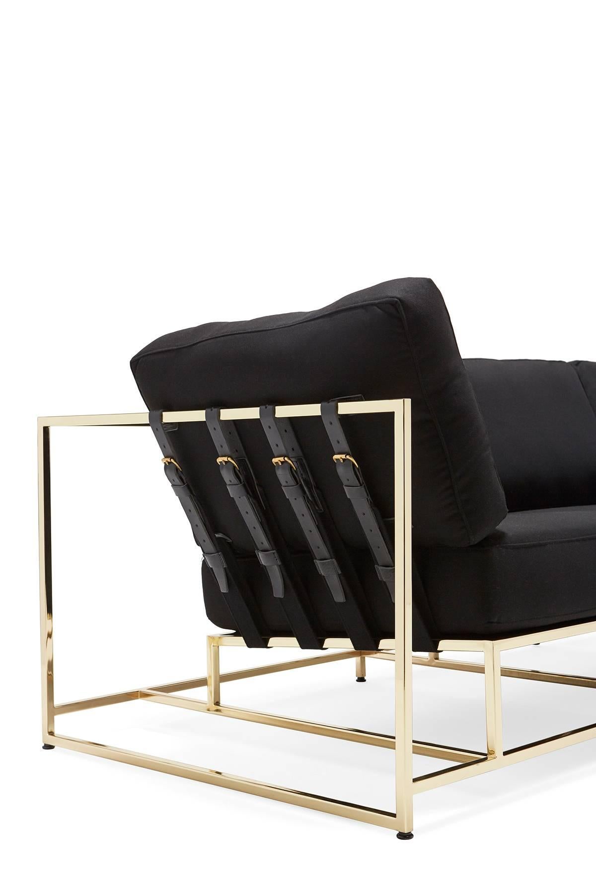 American Black Wool and Polished Brass Sofa For Sale