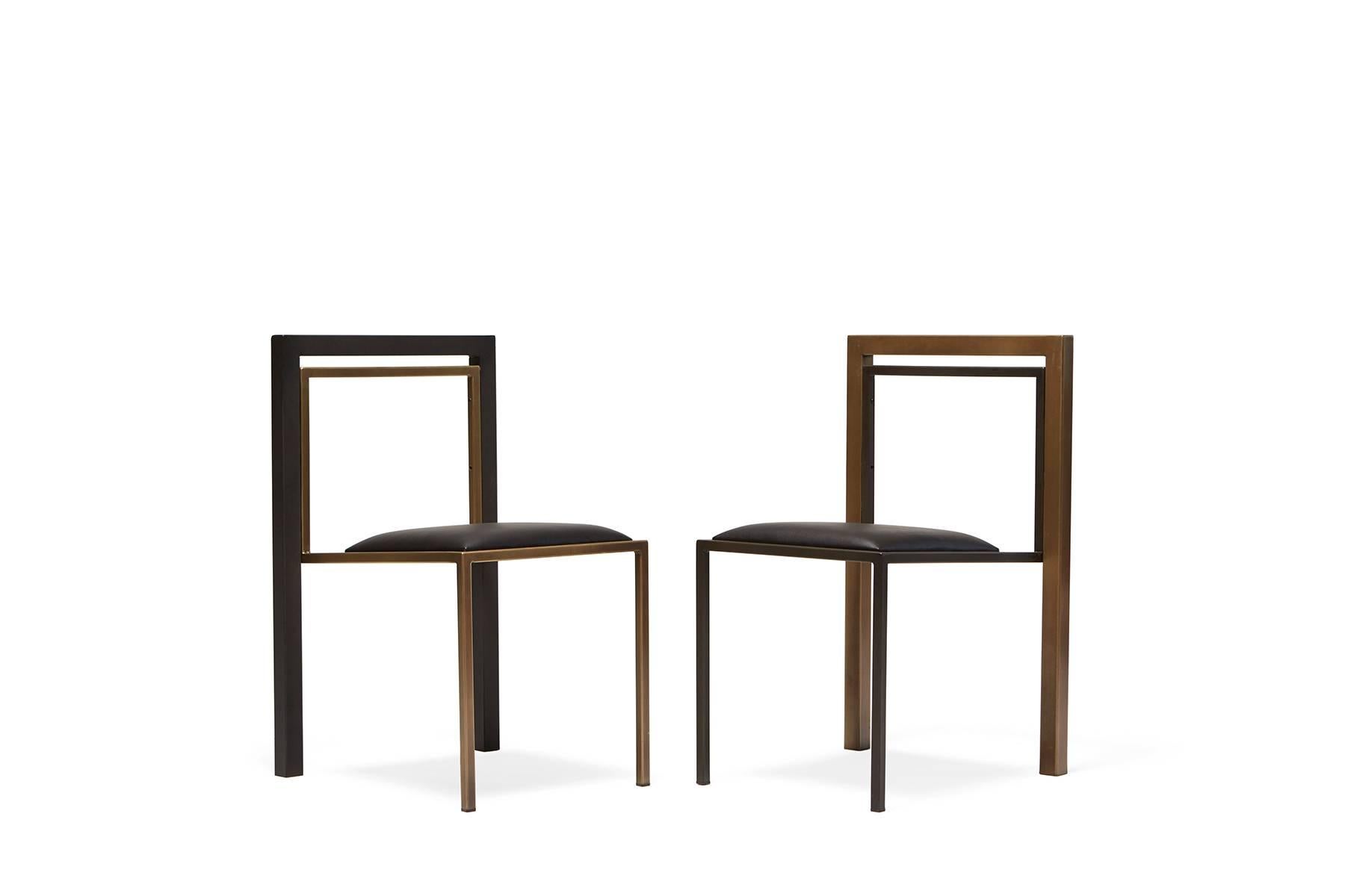 Modern Black Leather and Antique Brass Dining Chair with Blackened Steel Frame For Sale