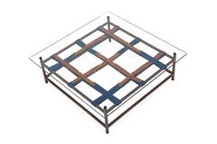 Antique Copper and Glass Coffee Table with Indigo and Cognac Belts