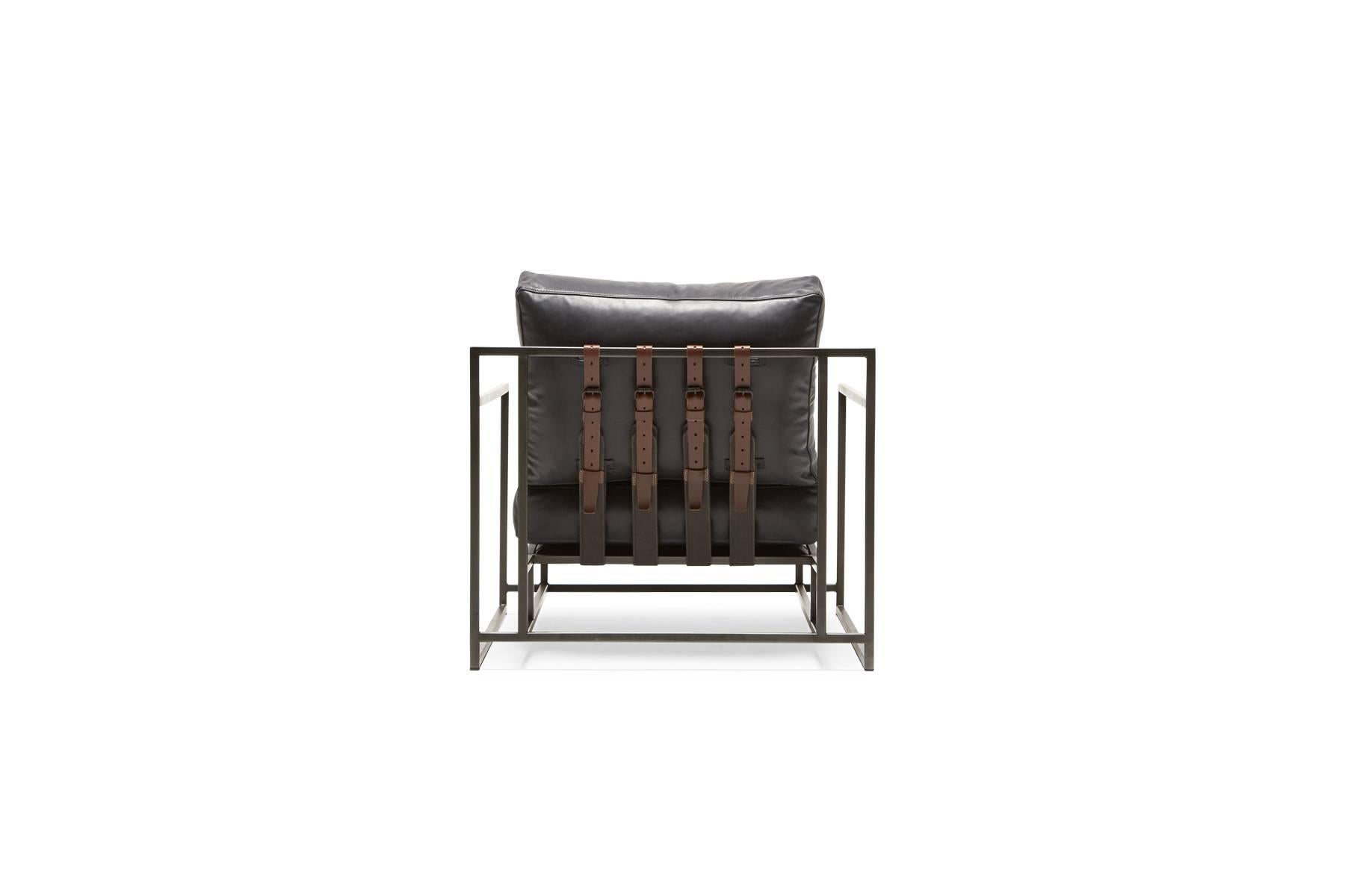 Modern Providence Blue Smoke Leather and Blackened Steel Armchair V1 For Sale