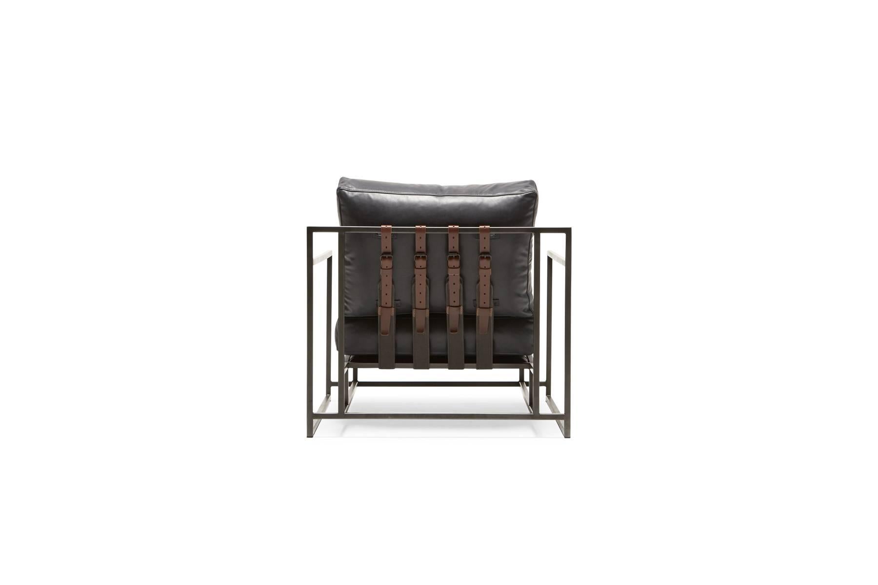 Modern Providence Blue Smoke Leather and Blackened Steel Armchair V1 For Sale