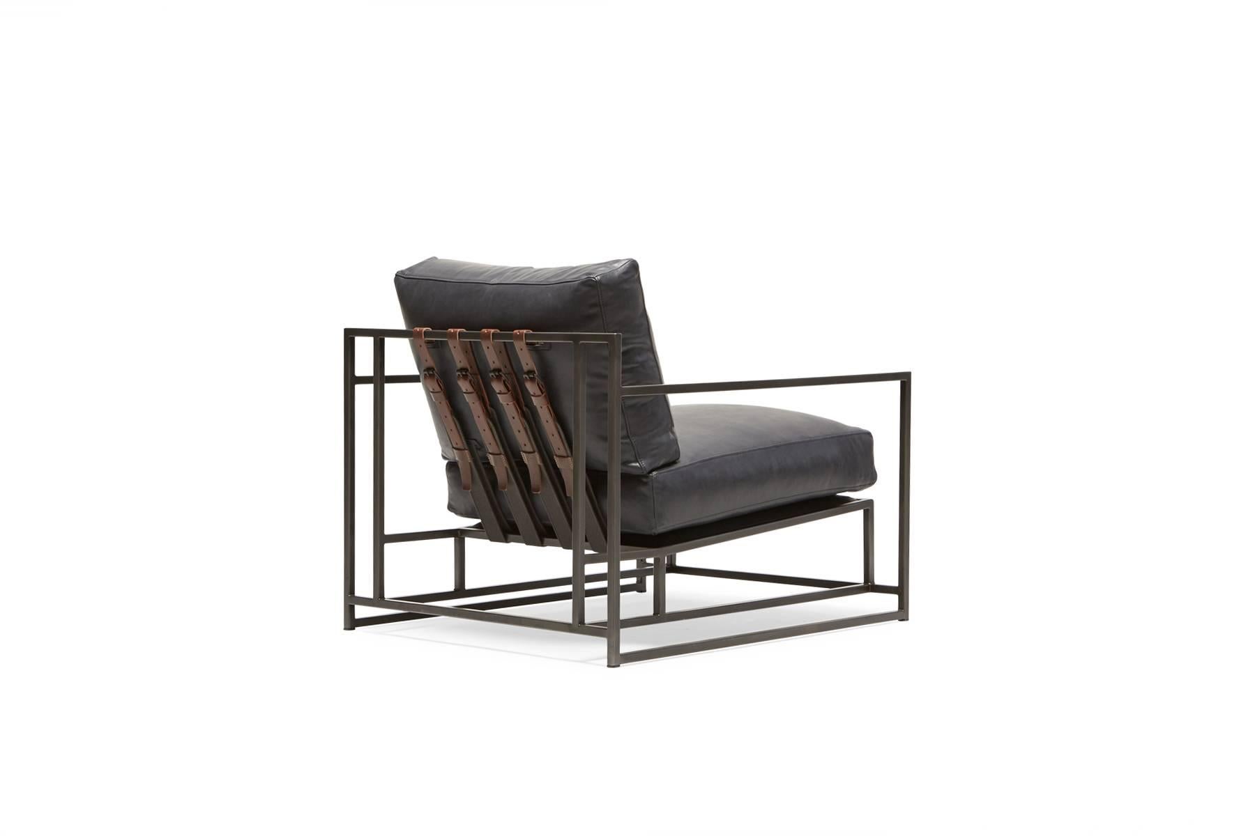 American Providence Blue Smoke Leather and Blackened Steel Armchair V1 For Sale