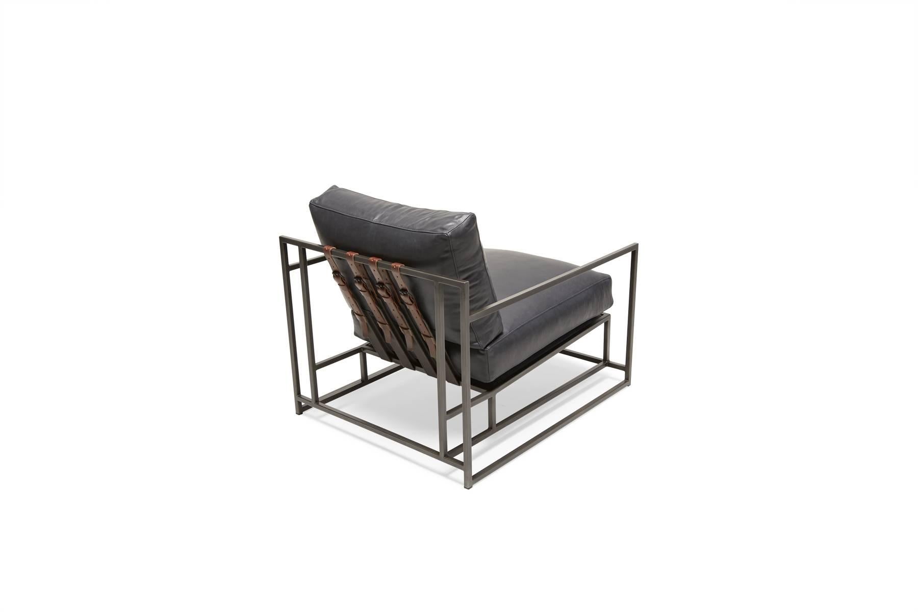 Metalwork Providence Blue Smoke Leather and Blackened Steel Armchair V1 For Sale