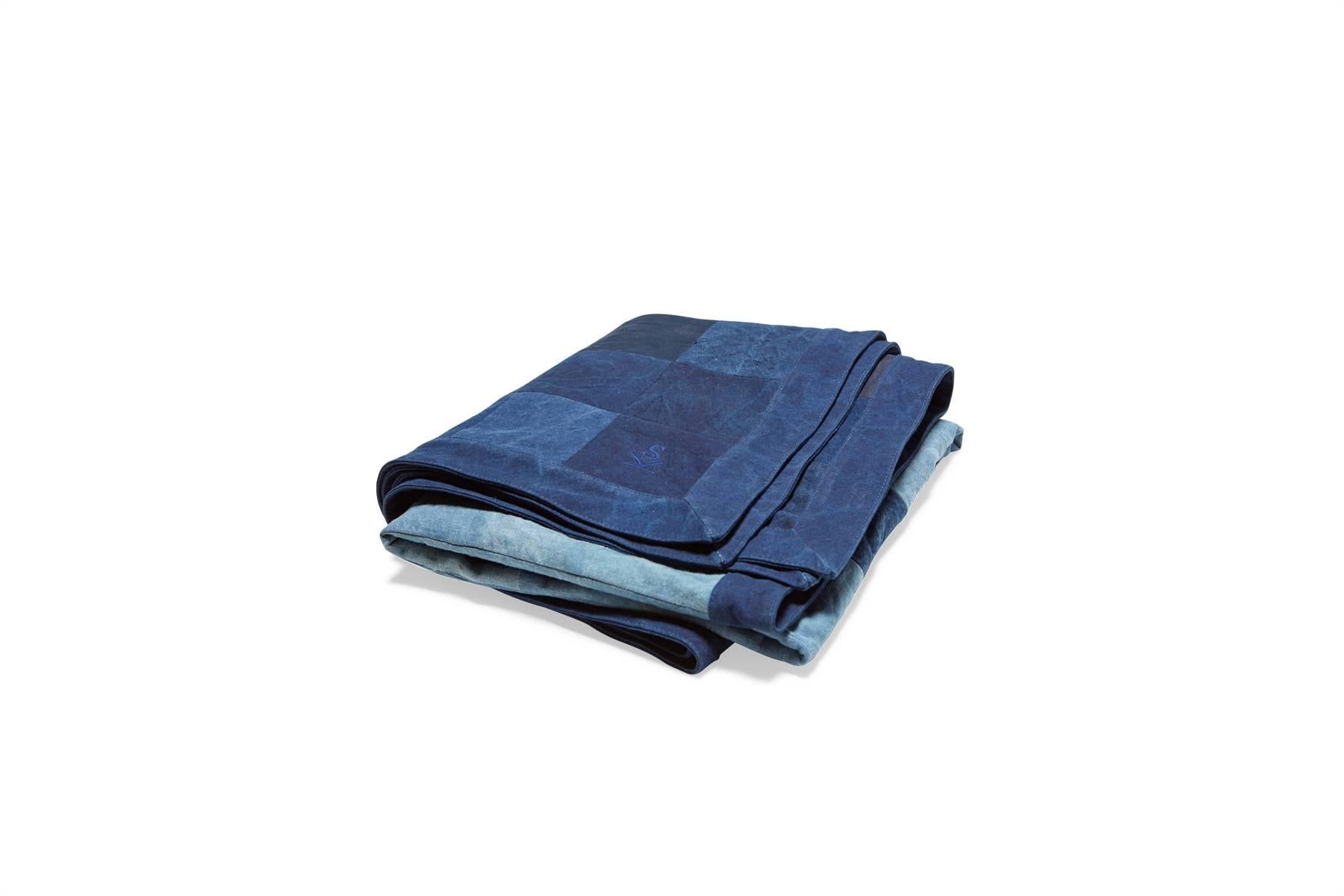 Modern Quilted Indigo Canvas Throw Blanket V1 For Sale